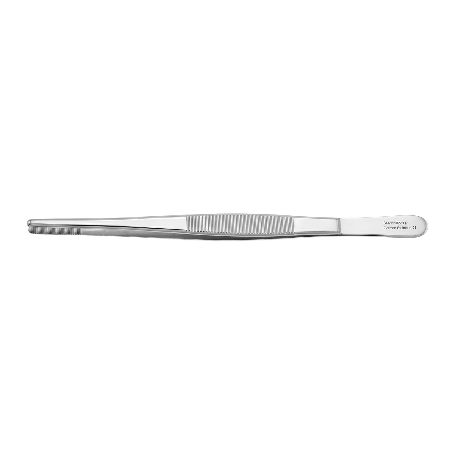 A pair of stainless steel micro forceps with a textured grip handle, shown horizontally against a plain white background.