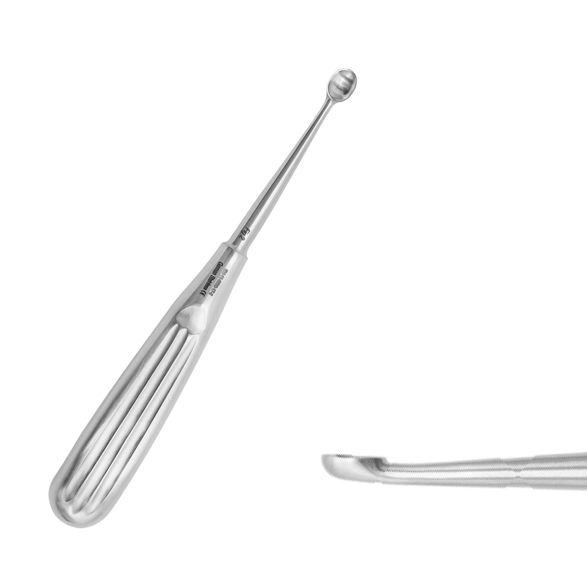 A polished stainless steel dental instrument with a long handle and a curved, ball-tipped end, shown on a plain white background with a smaller inset view of the tip.