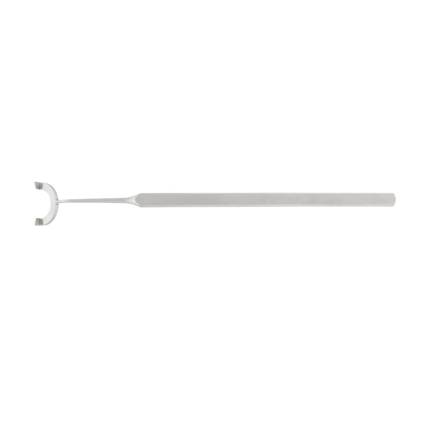 A reference marker for toric lenses with two blades, made of stainless steel, with a marking size of 15 mm and an overall length of 12.5 cm.