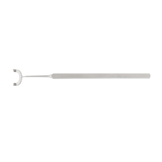 A reference marker for toric lenses with two blades, made of stainless steel, with a marking size of 15 mm and an overall length of 12.5 cm.