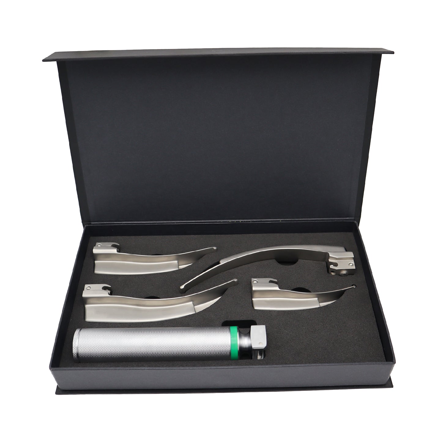 A reusable laryngoscope set displayed in an open black box, including multiple fiber optic blades and a cold light guide.
