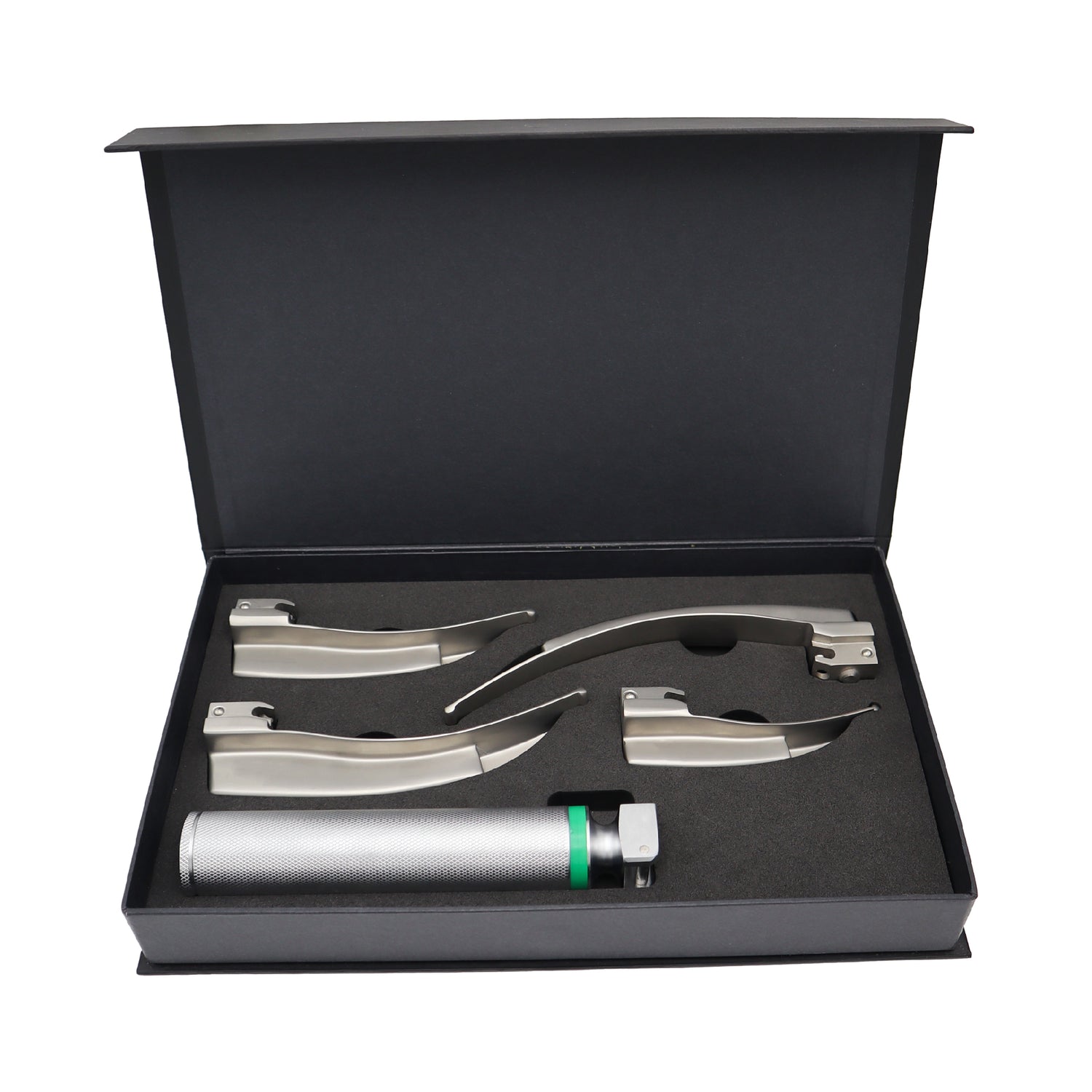 A reusable laryngoscope set displayed in an open black box, including multiple fiber optic blades and a cold light guide.