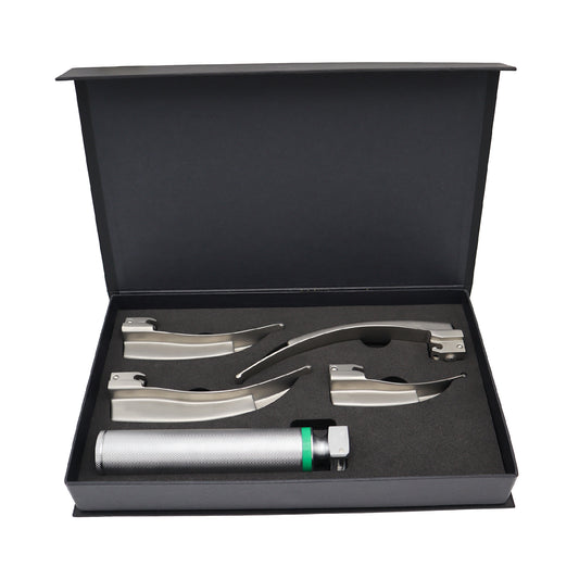 A reusable laryngoscope set displayed in an open black box, including multiple fiber optic blades and a cold light guide.