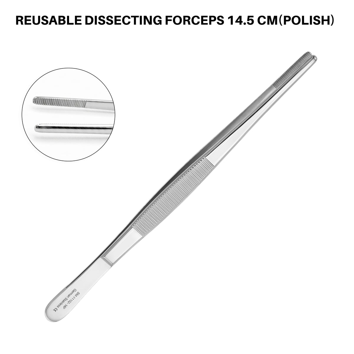 A reusable stainless steel dissecting forceps shown diagonally on a white background, with a circular inset showing close-up of the polished tip and text at the top reading 'REUSABLE DISSECTING FORCEPS 14.5 CM (POLISH)'.