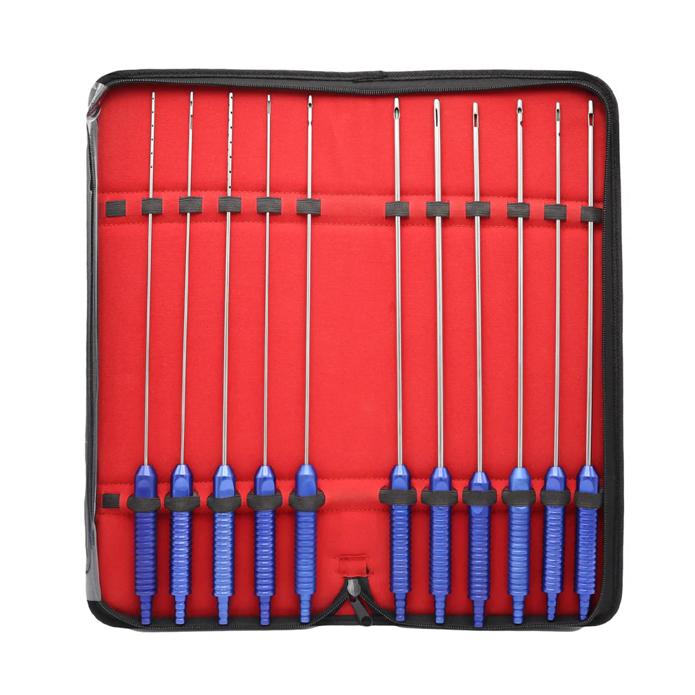 A set of 11 stainless steel liposuction cannulas with blue and black handles, presented in a red-lined black case.
