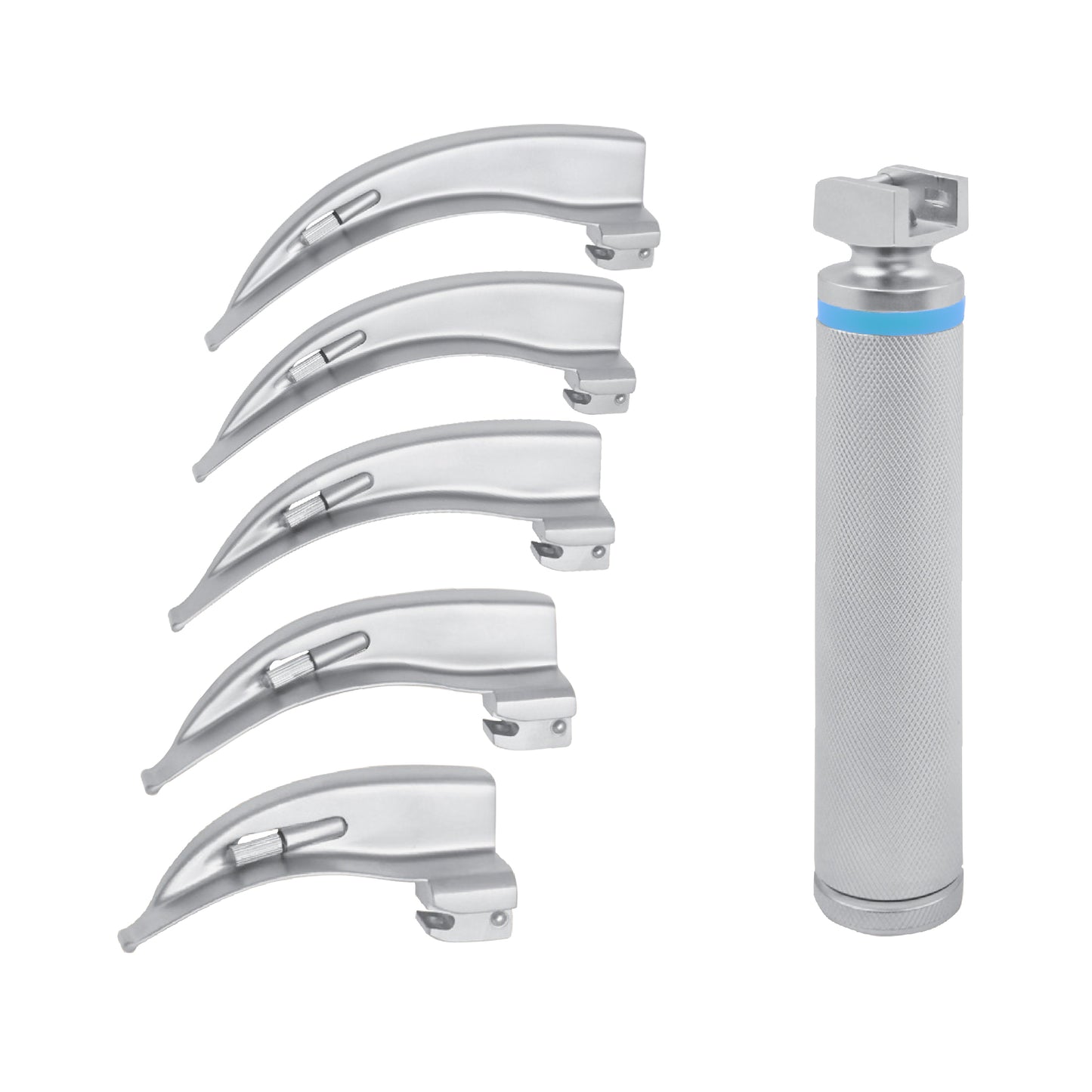 A set of Macintosh conventional laryngoscope blades with LED/Halogen bulb, made from stainless steel, including various sizes with smooth edges and rounded tips.