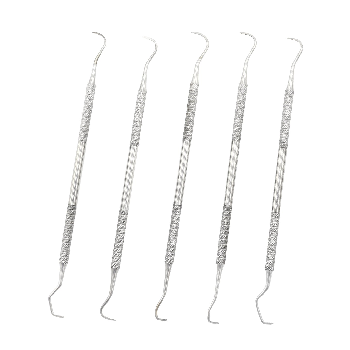 A set of five stainless steel carving knives with ergonomic handles, designed for dental scaling and shaping.
