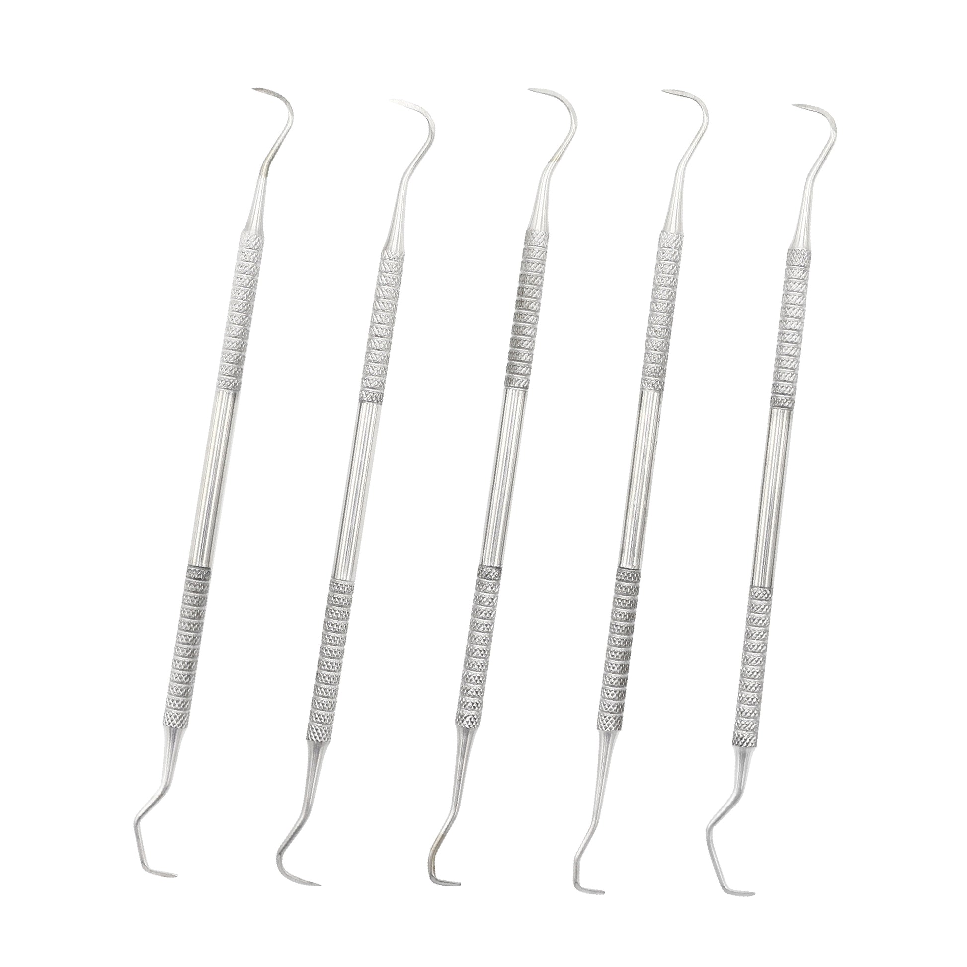 A set of five stainless steel carving knives with ergonomic handles, designed for dental scaling and shaping.