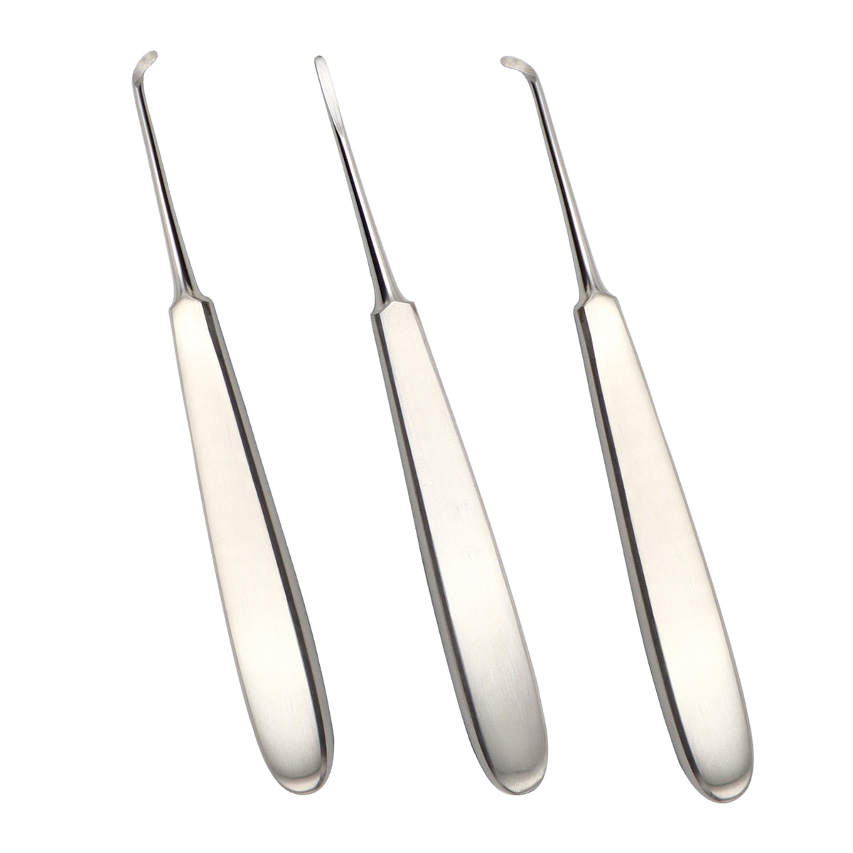A set of three stainless steel root elevators with ergonomic handles, arranged in parallel on a white background.