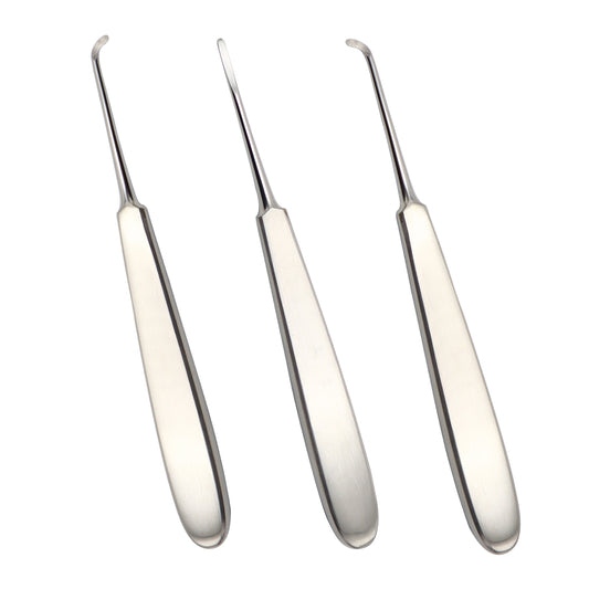 A set of three stainless steel root elevators with ergonomic handles, arranged in parallel on a white background.