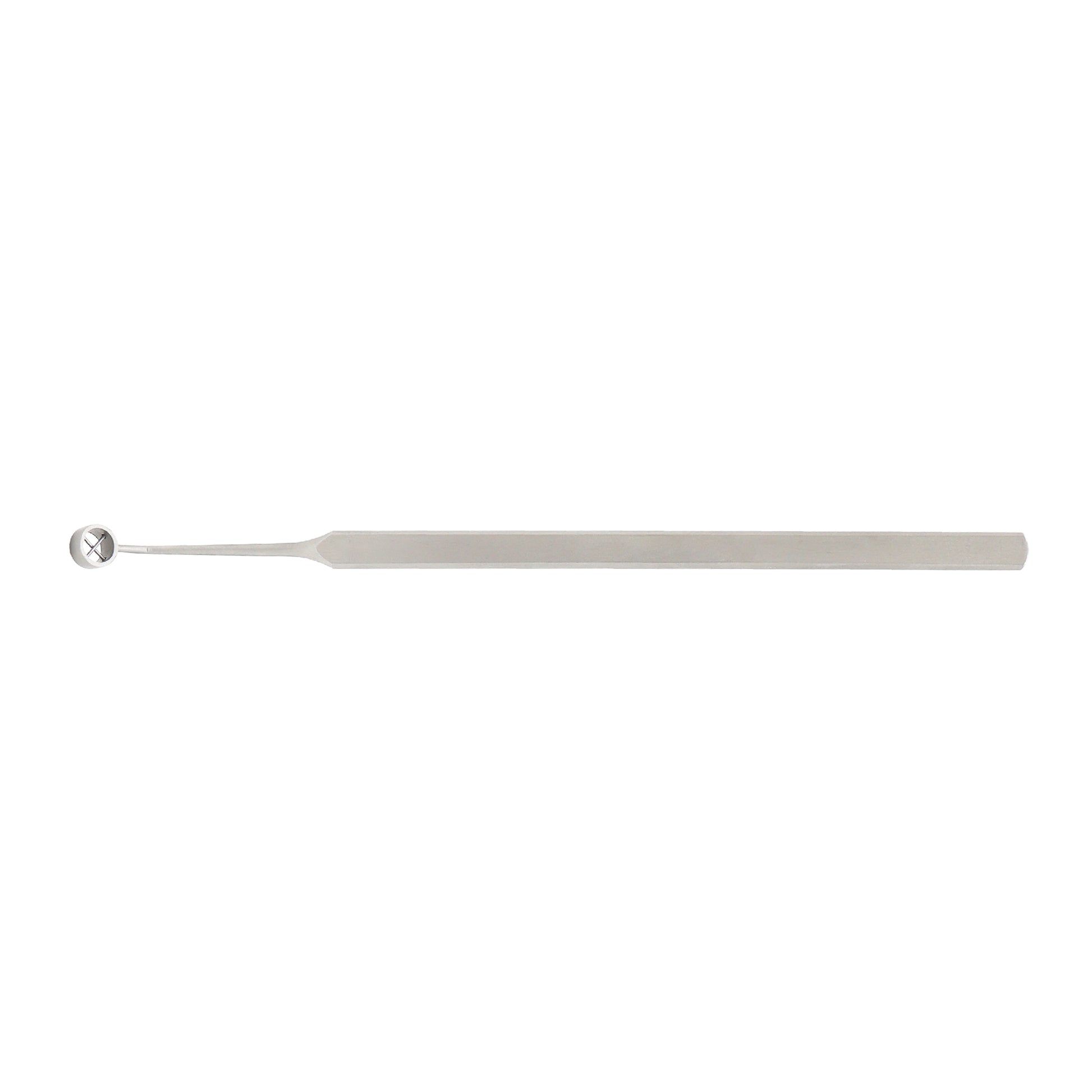 A silver-colored Hoffer corneal marker with a 5.0 mm marking tip and cross hairs, with an overall length of 12.5 cm.