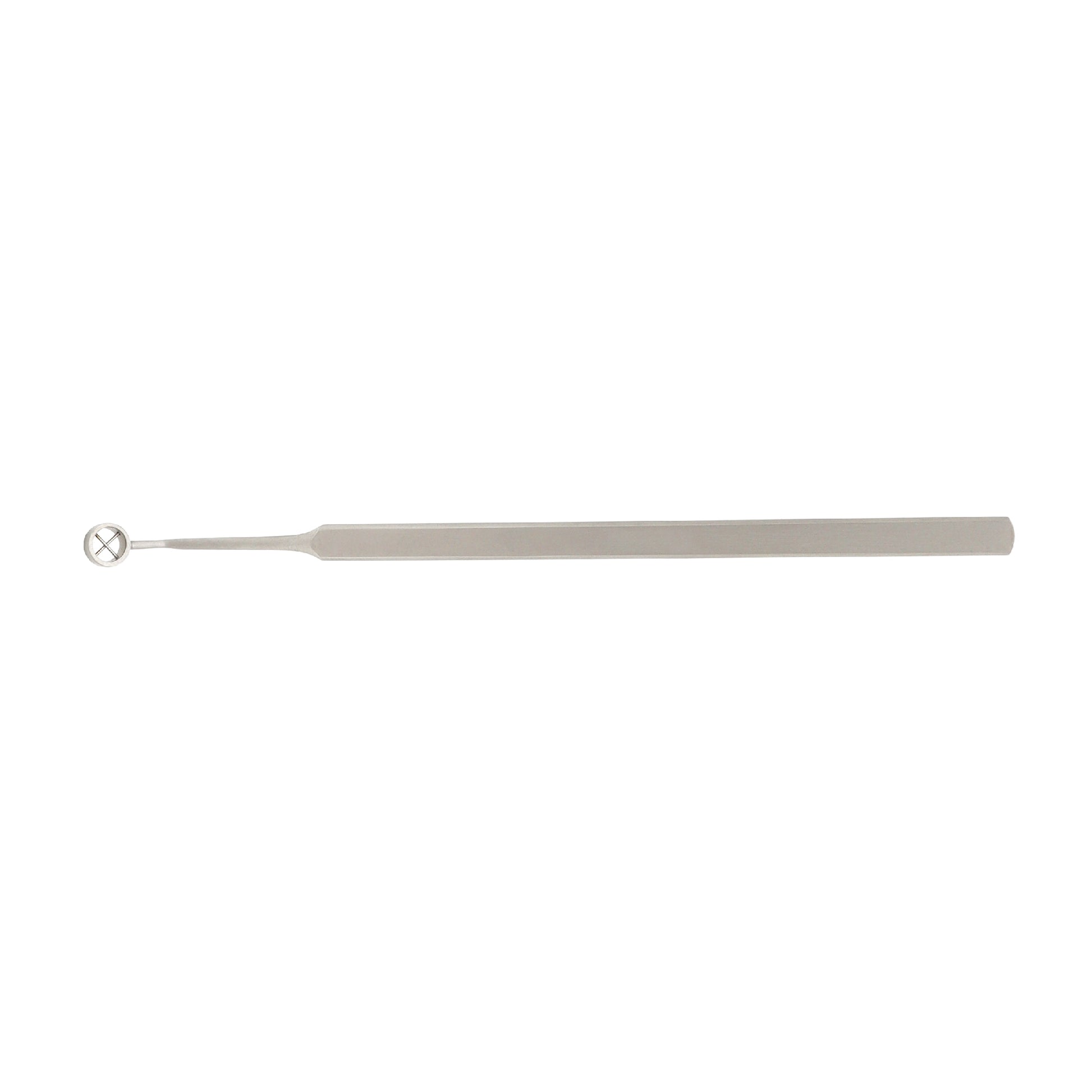 A silver-colored Hoffer corneal marker with a cross hairs tip and a round handle.