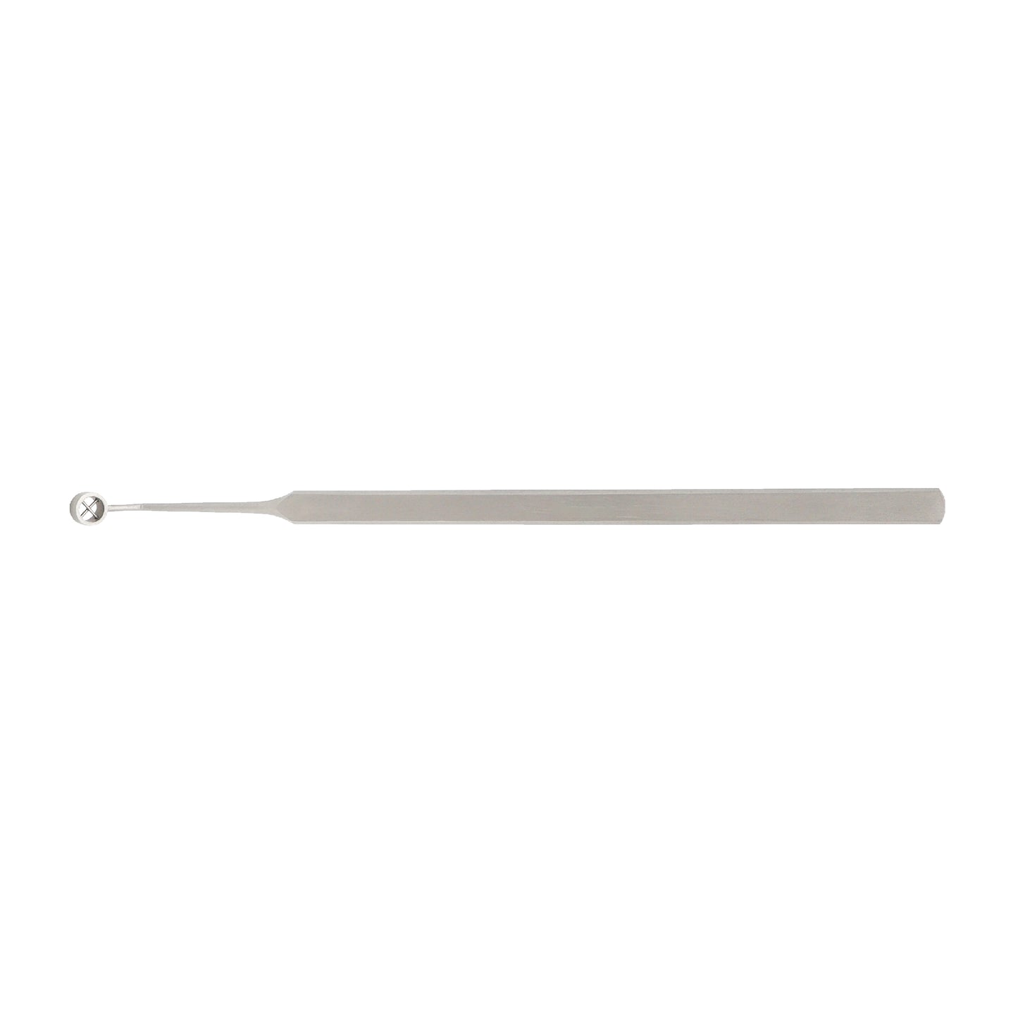 A silver-colored corneal marker with a conical tip and cross hairs, used for precise ophthalmic surgeries.