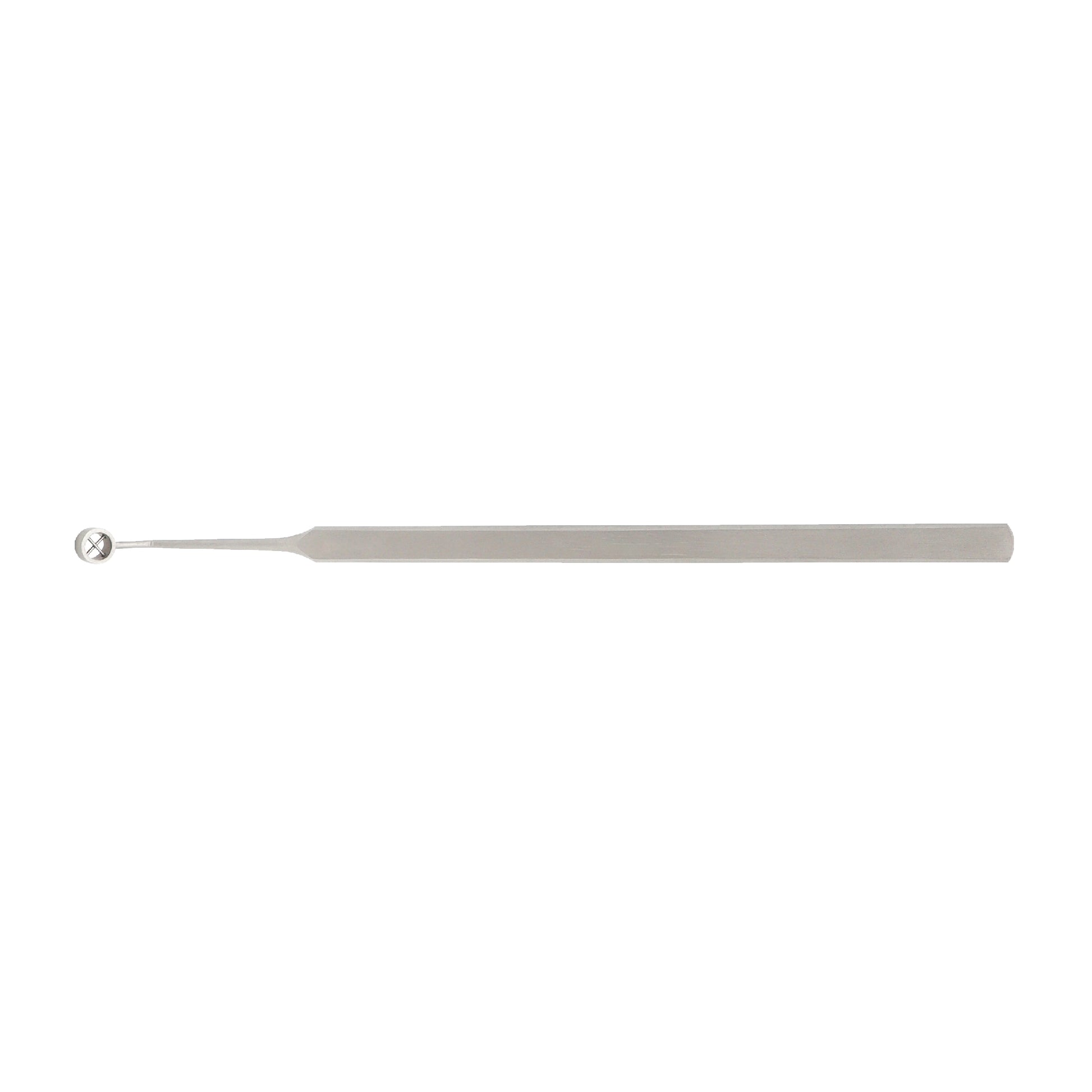 A silver-colored corneal marker with a conical tip and cross hairs, used for precise ophthalmic surgeries.