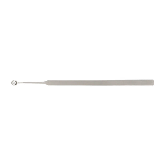 A silver-colored corneal marker with a conical tip and cross hairs, used for precise ophthalmic surgeries.