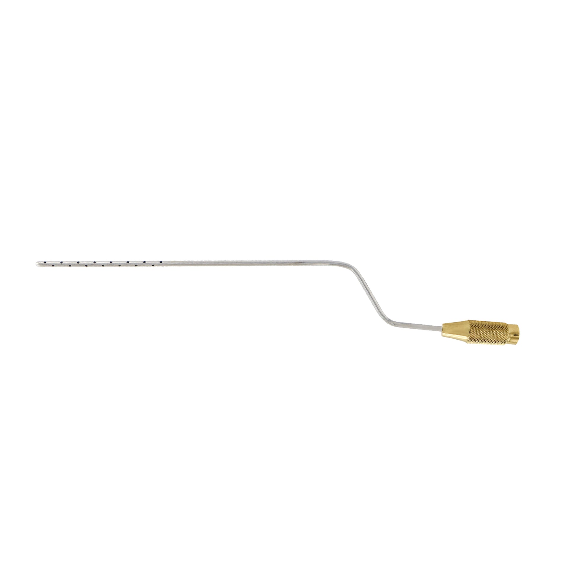 A silver-colored liposuction cannula with 30 holes on the tip, made from stainless steel, against a white background.