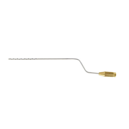 A silver-colored liposuction cannula with 30 holes on the tip, made from stainless steel, against a white background.