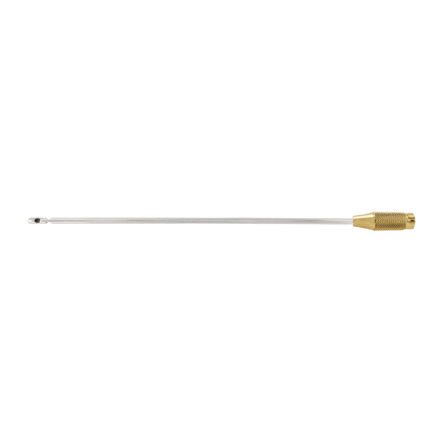 A single-ended liposuction cannula with one central hole and two lateral holes, with a metallic finish.