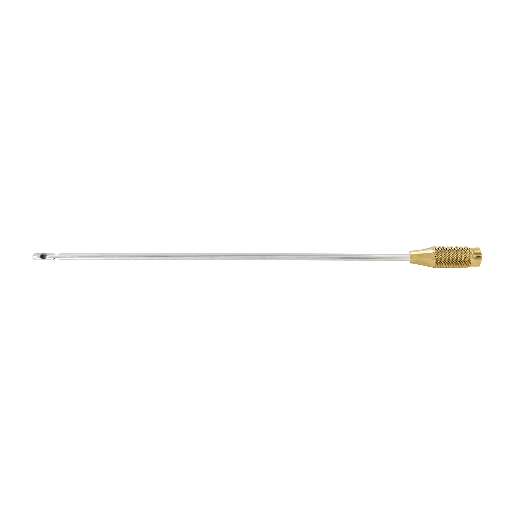 A single-ended liposuction cannula with one central hole and two lateral holes, with a metallic finish.