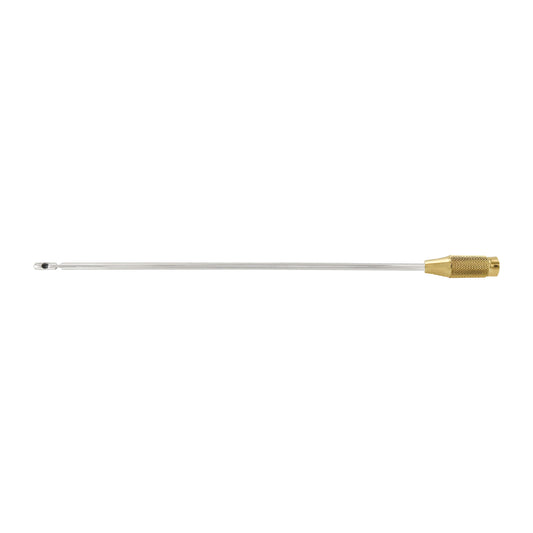 A single-ended liposuction cannula with one central hole and two lateral holes, with a metallic finish.