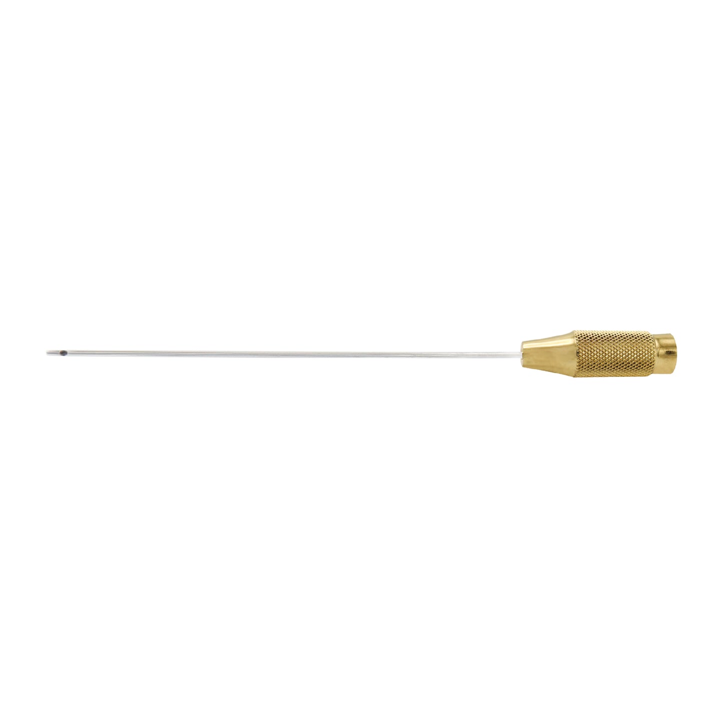 A single-ended liposuction cannula with a central hole, featuring a metallic tip and a textured grip area.