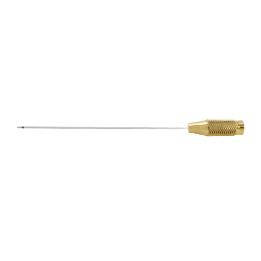A single-ended liposuction cannula with a central hole, featuring a metallic tip and a textured grip area.