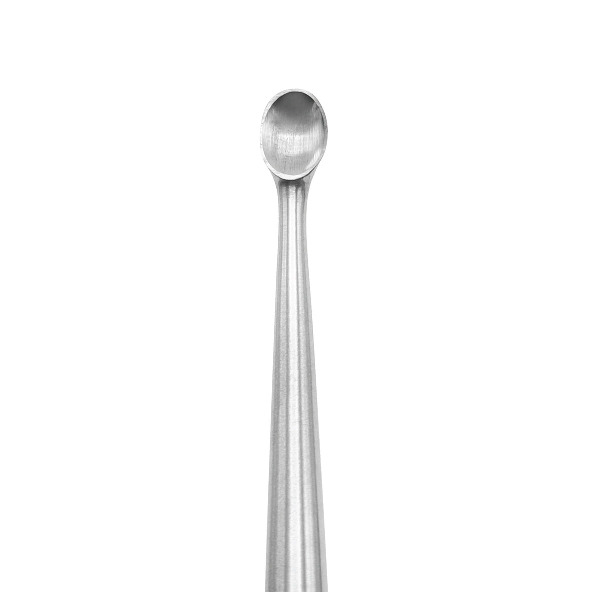 A single metallic spoon-like utensil with a long slender handle and rounded oval bowl, shown upright on a plain white background.