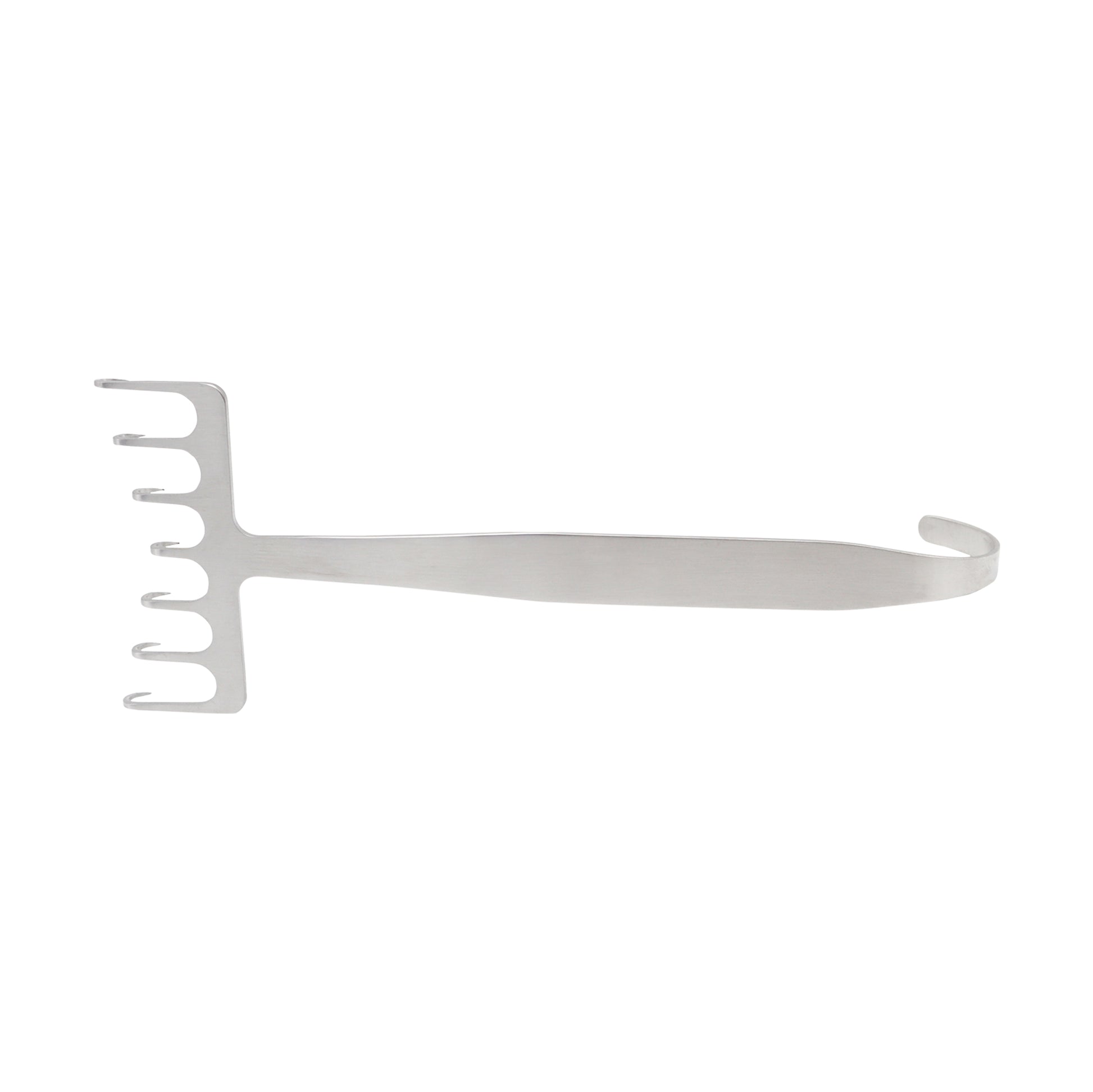 A stainless steel coronal brow lift retractor with 7 prongs and an ergonomic handle.