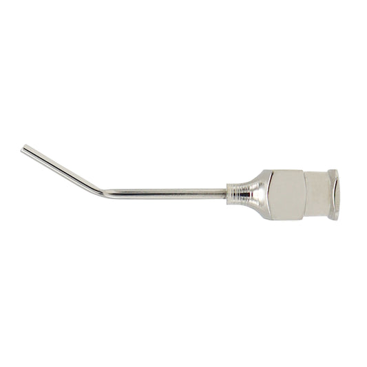 A stainless steel irrigating cannula with a round tip.
