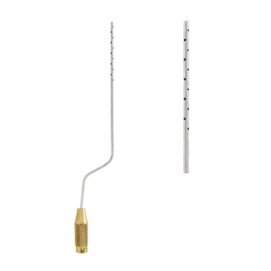 A stainless steel liposuction cannula with 22 holes, including a single-ended view and a cross-sectional view.