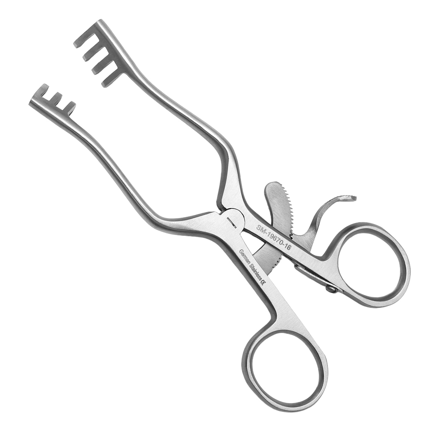 A stainless steel medical instrument, specifically a surgical clamp or forceps with ring handles and a keyed jaw, shown on a plain white background.