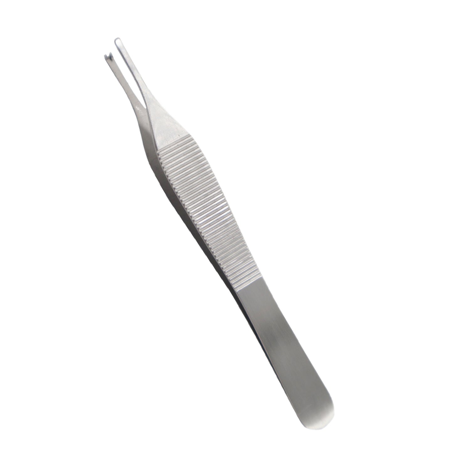 Stainless steel Adson tissue forceps with a wide ribbed thumb grip and fine 1x2 toothed tips for delicate surgical tissue handling.