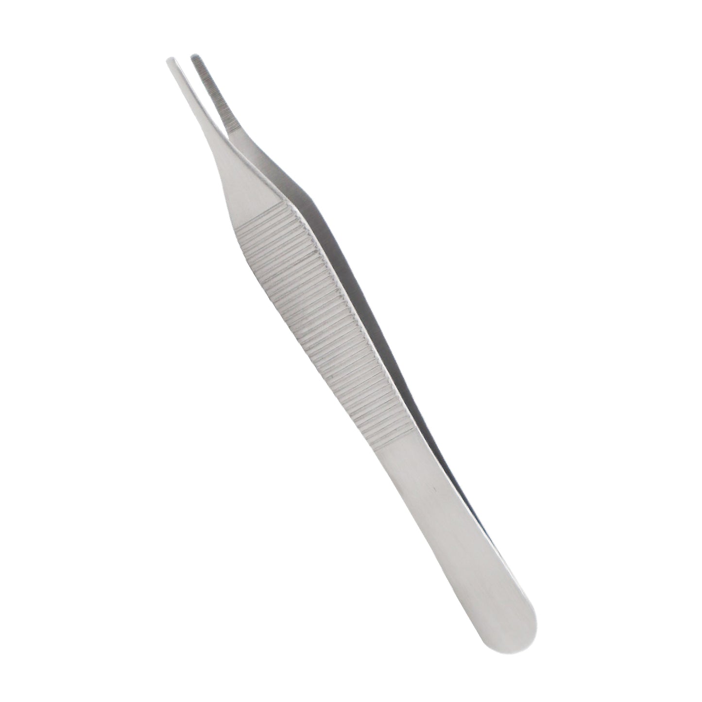 Close-up of stainless steel Adson tissue forceps with a wide thumb grip and fine, precision tips.