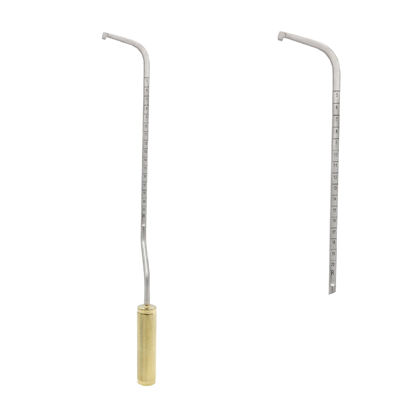 A pair of Agris-Dingman breast dissectors featuring long, curved stainless steel shafts with centimeter measurement markings and textured gold-toned brass handles.