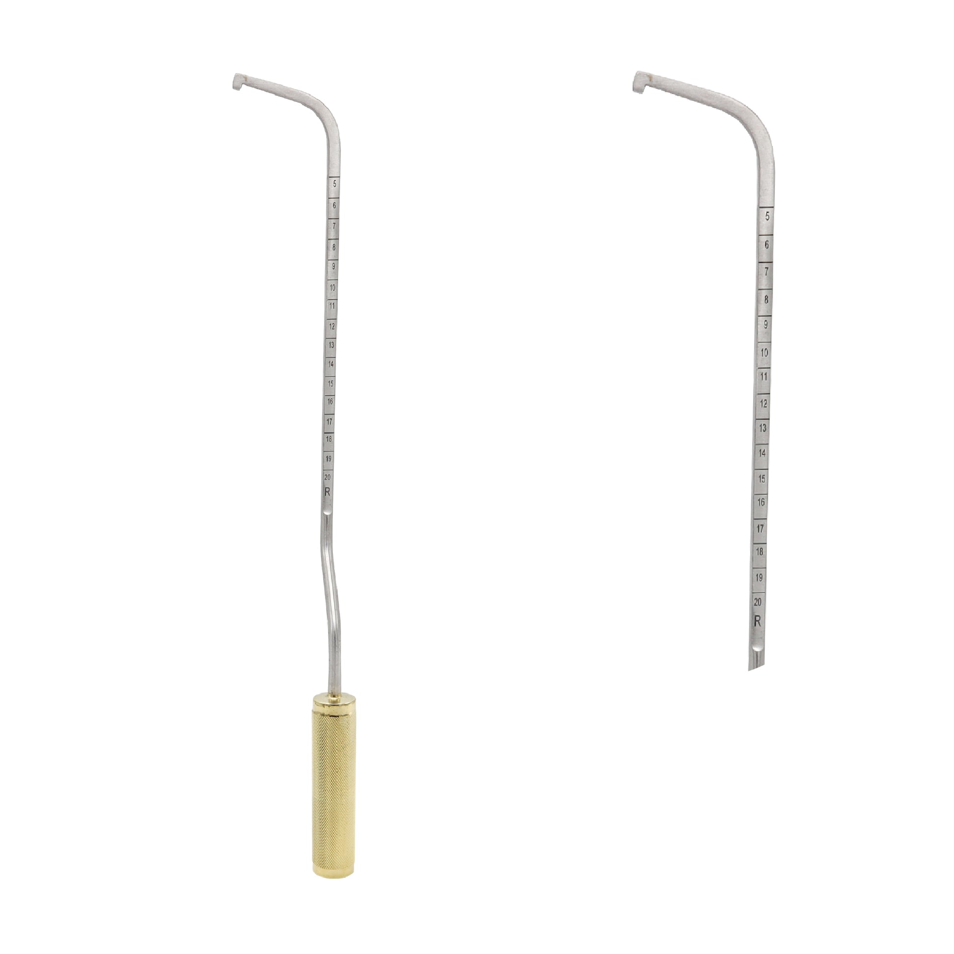A pair of Agris-Dingman breast dissectors featuring long, curved stainless steel shafts with centimeter measurement markings and textured gold-toned brass handles.