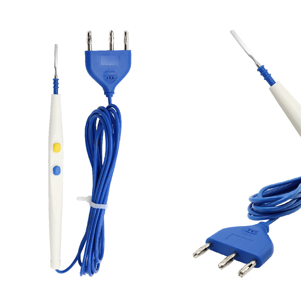 An electrosurgical pencil with a blue blade and white handle, connected to a 3-pin plug.