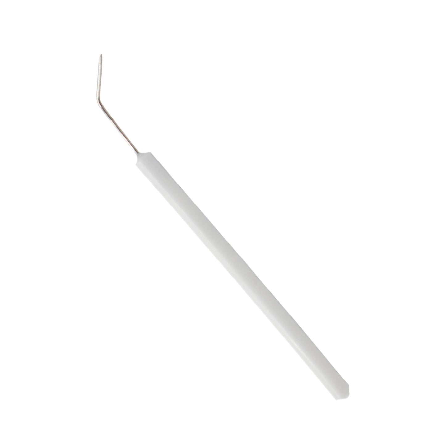  A side-view of a laboratory teasing needle featuring a long, white plastic handle and a stainless steel tip bent at an angle for precision.