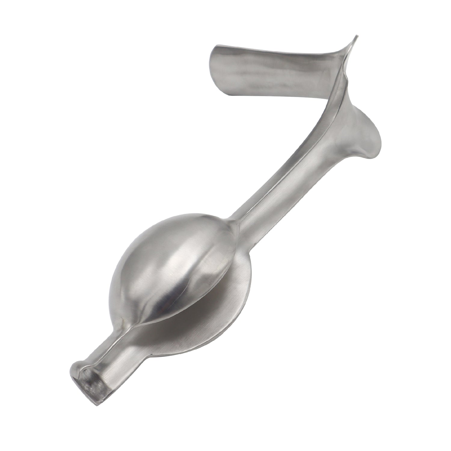 Auvard weighted vaginal speculum made of polished stainless steel, featuring a single right-angled blade, a central shaft, and a heavy spherical bulb weight at the base, displayed on a clean white background.