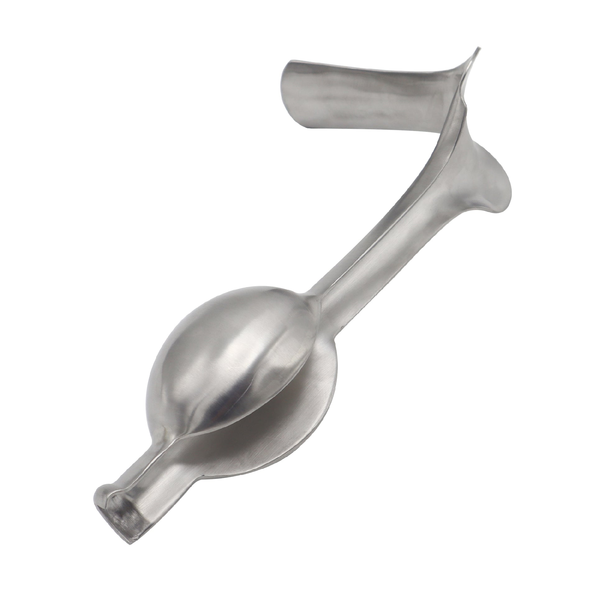 Auvard weighted vaginal speculum made of polished stainless steel, featuring a single right-angled blade, a central shaft, and a heavy spherical bulb weight at the base, displayed on a clean white background.