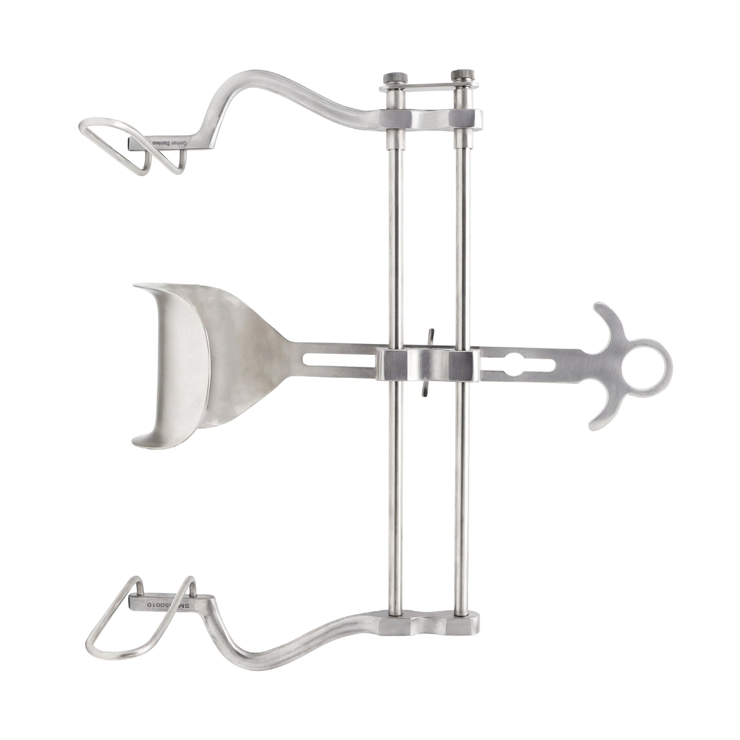 Self-retaining Balfour abdominal retractor with two wire side blades and a solid curved center blade on a parallel stainless steel frame.
