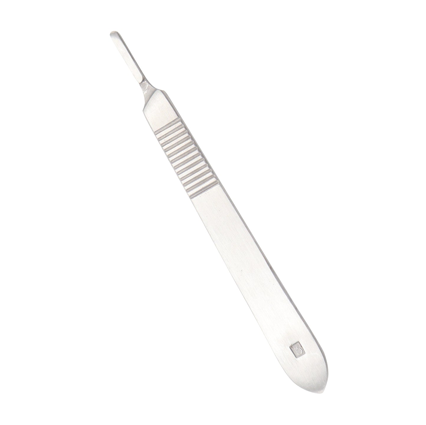  A stainless steel Bard-Parker No. 3 scalpel handle. It has an ergonomic, grooved grip and a tip for secure blade attachment.