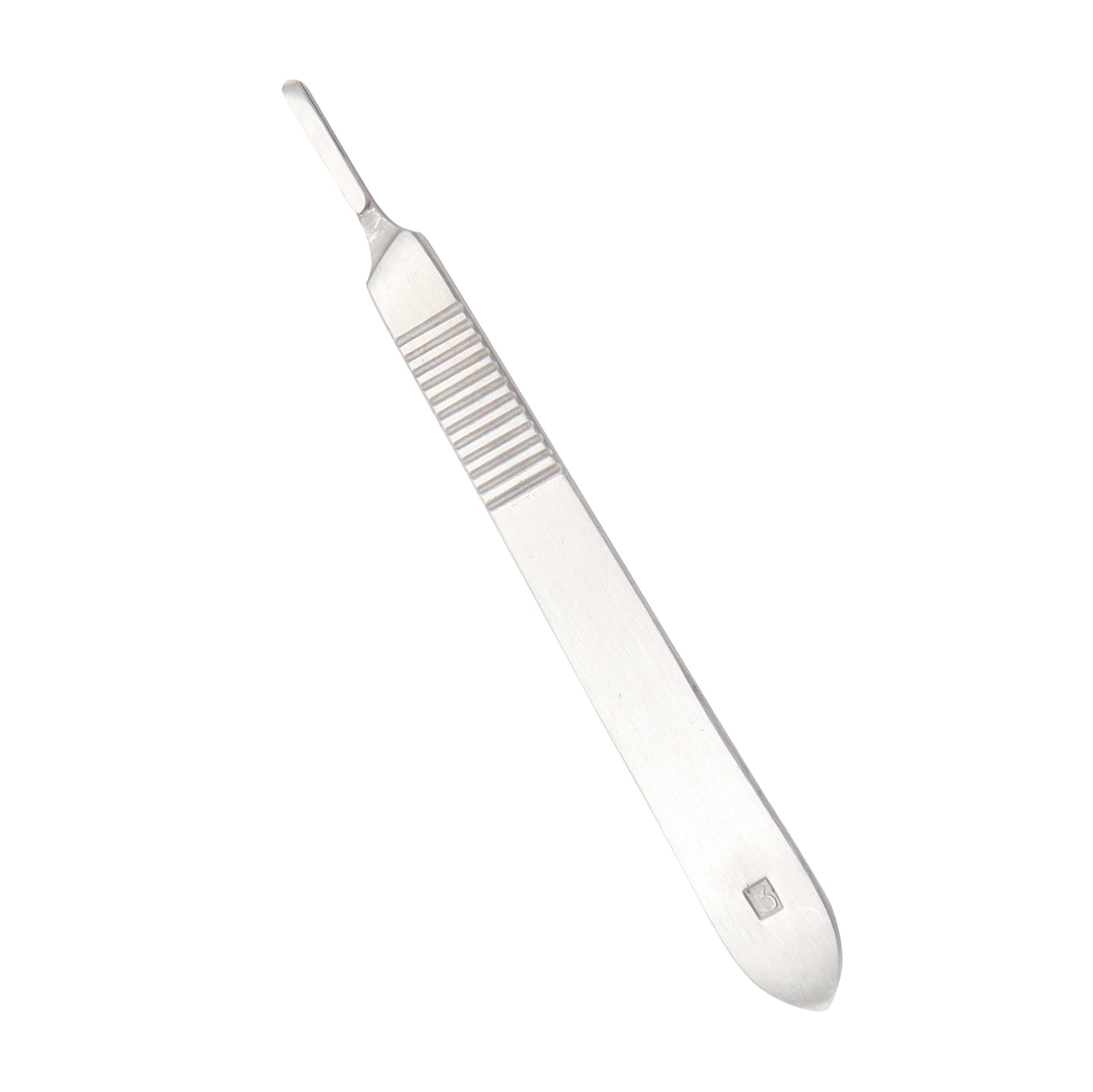  A stainless steel Bard-Parker No. 3 scalpel handle. It has an ergonomic, grooved grip and a tip for secure blade attachment.