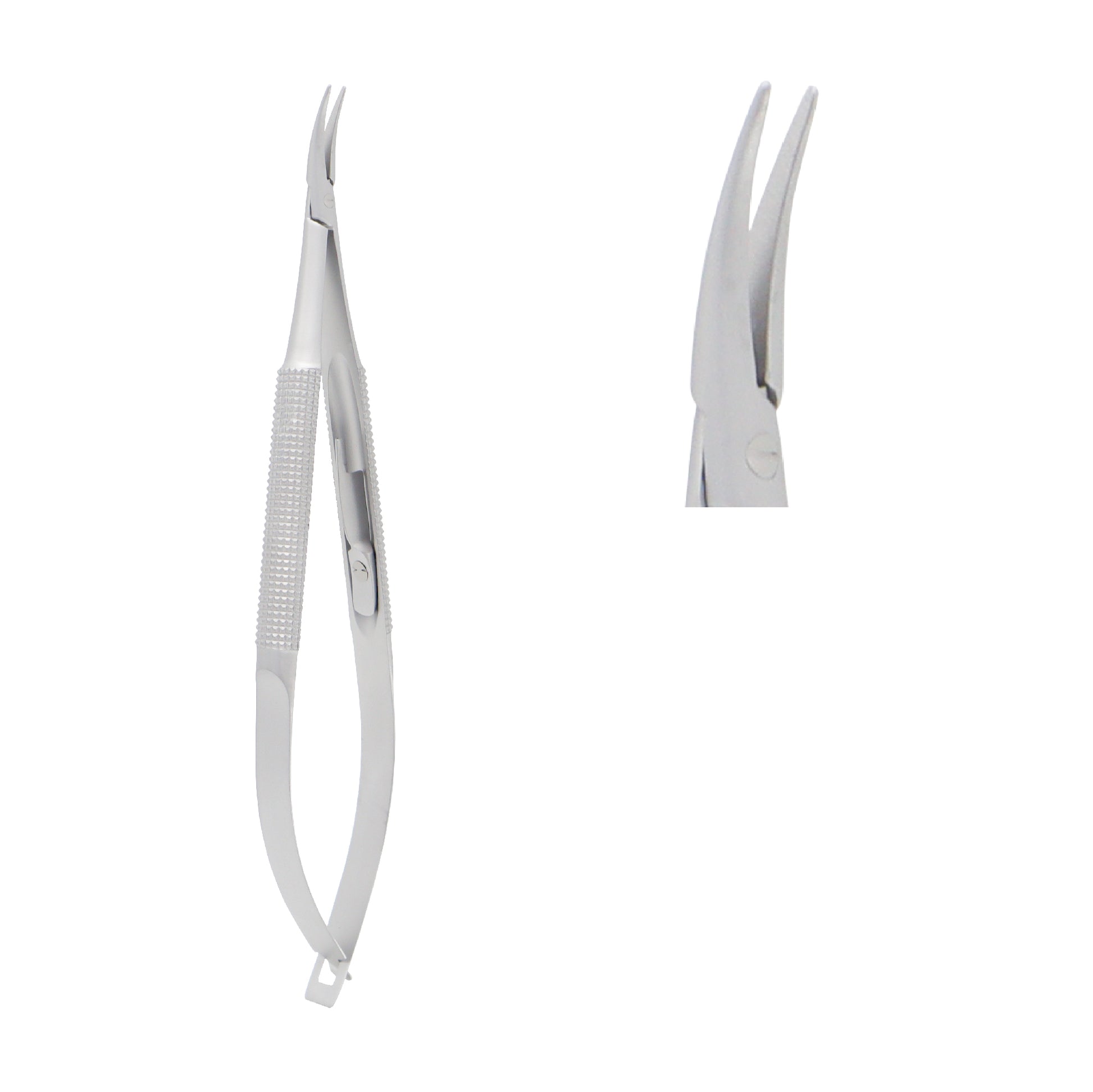 Close-up of curved Barraquer Micro-Needle Holder 12.5 cm with 1 mm tip and locking mechanism.