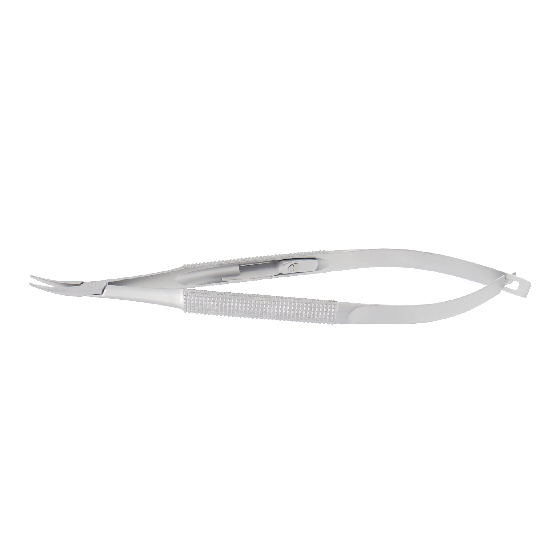 Barraquer Micro-Needle Holder curved 1 mm with lock and 12.5 cm length for precision ophthalmic suturing.