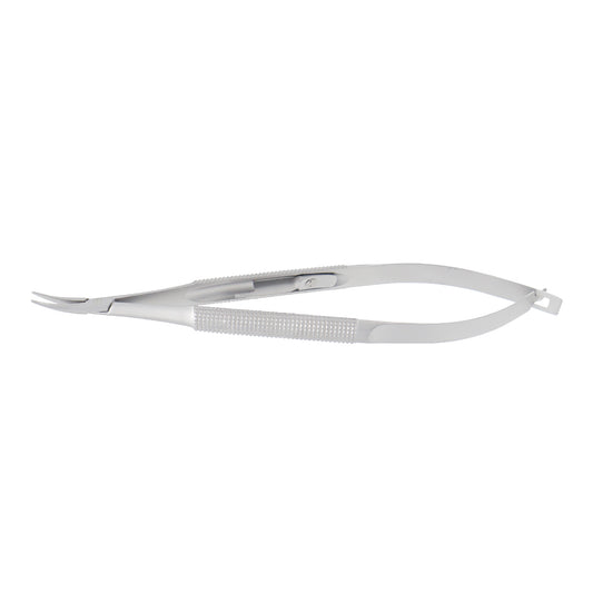 Barraquer Micro-Needle Holder curved 1 mm with lock and 12.5 cm length for precision ophthalmic suturing.