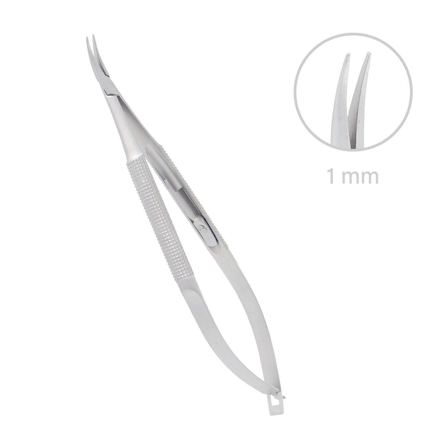 Stainless steel Barraquer Micro-Needle Holder curved 1 mm overall length 12.5 cm used in microsurgical procedures.