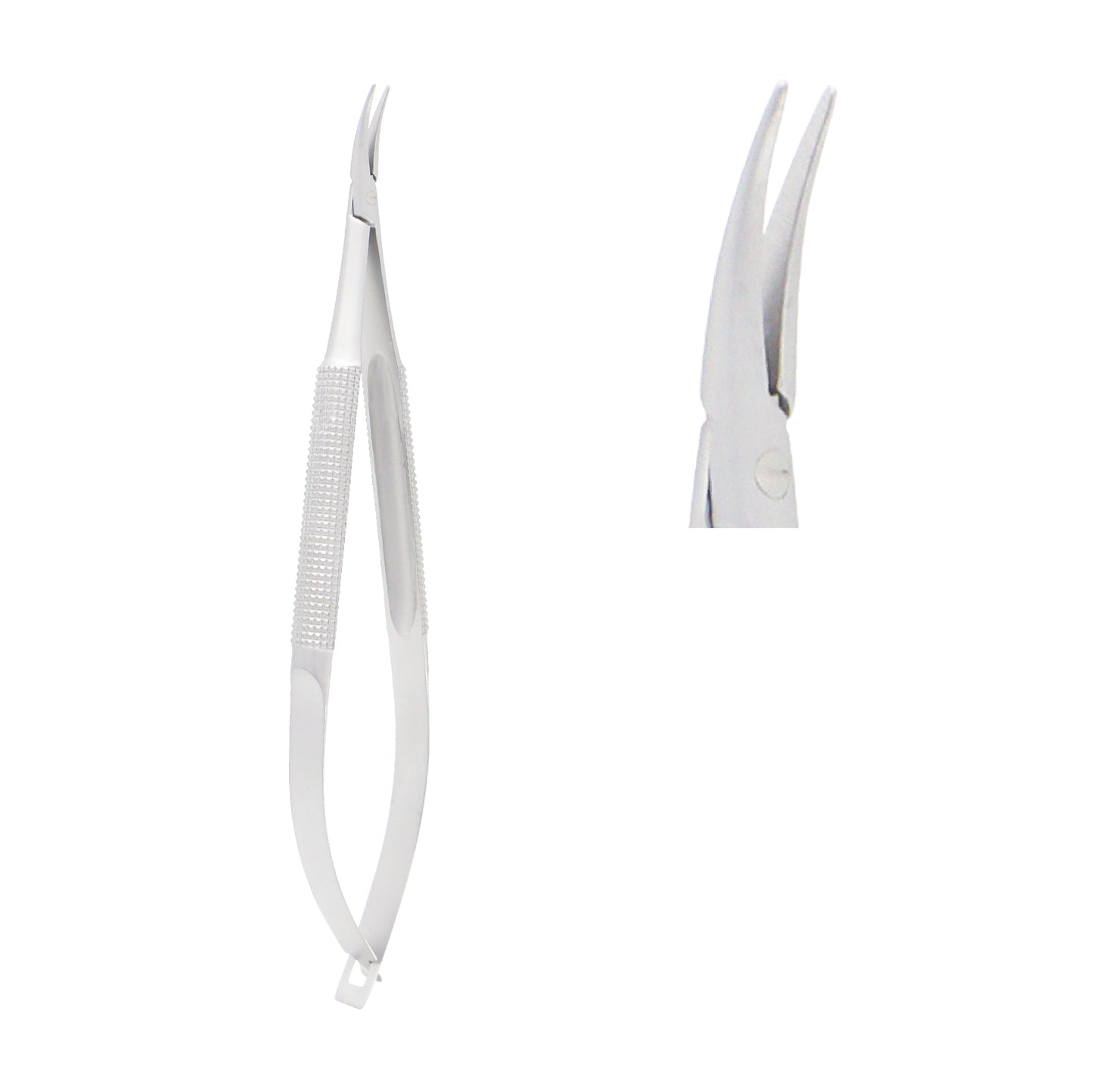 Close-up of Barraquer Micro-Needle Holder curved 1 mm without lock showing fine tip and curved design.