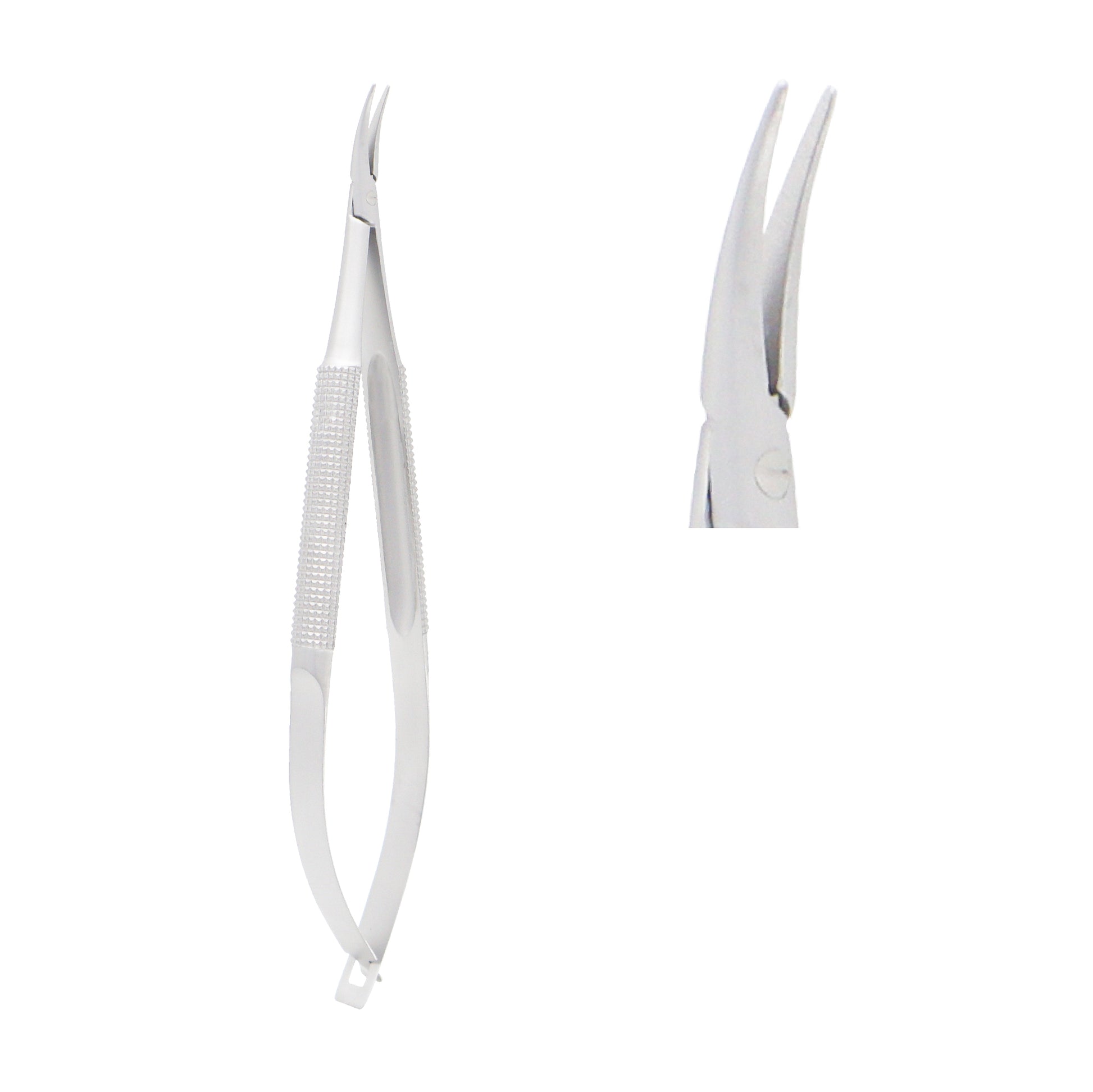 Close-up of Barraquer Micro-Needle Holder curved 1 mm without lock showing fine tip and curved design.