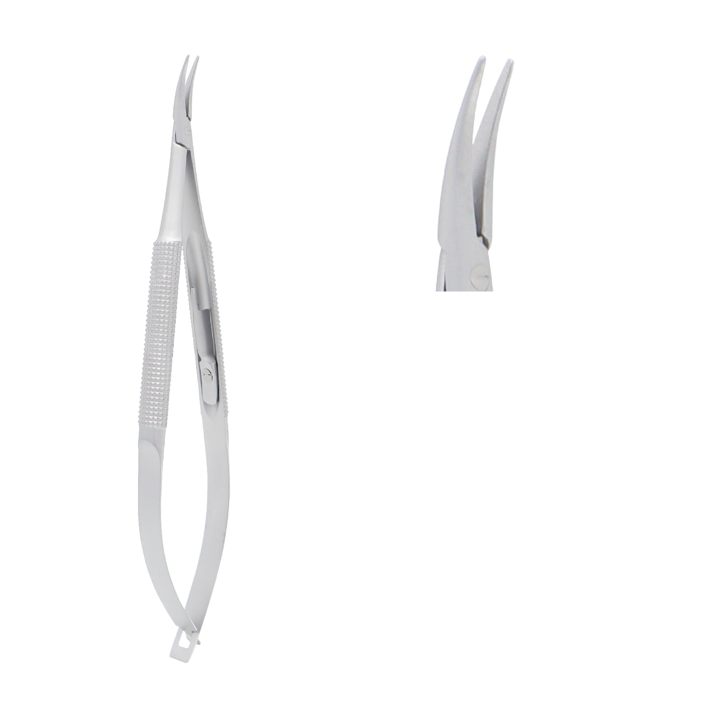 Close-up of Barraquer Micro-Needle Holder curved standard model showing 1.0 x 10 mm tip and locking mechanism.