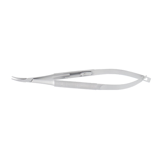 Barraquer Micro-Needle Holder curved standard model 12 cm with lock and 1.0 x 10 mm tip for precision suturing.
